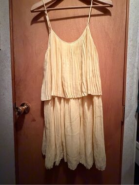 Parker Pale Yellow Pleated Spaghetti-Strap Mini Dress 100% silk